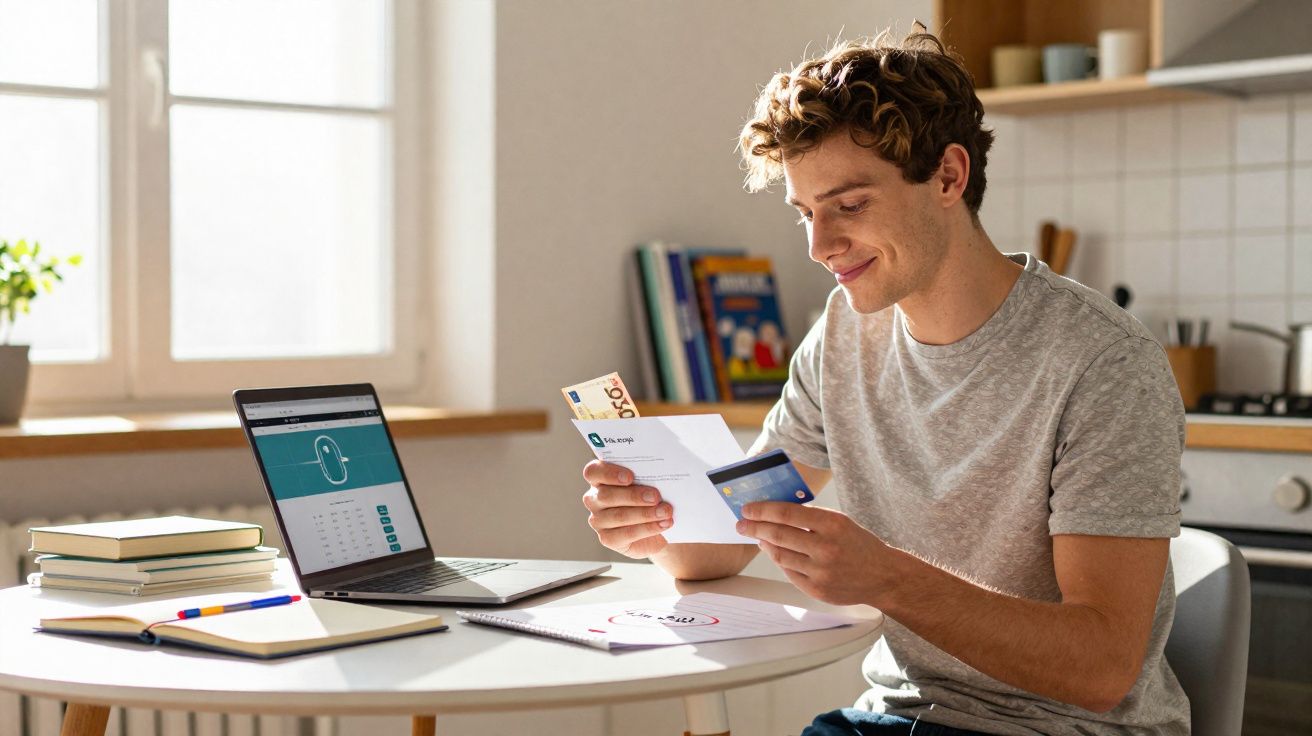 Homem jovem sentado à mesa verificando faturas com cartão de crédito em ambiente de cozinha iluminada.