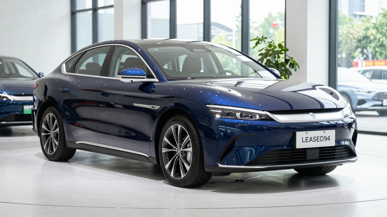 Carro elétrico azul escuro exibido em showroom moderno com janelas grandes ao fundo.