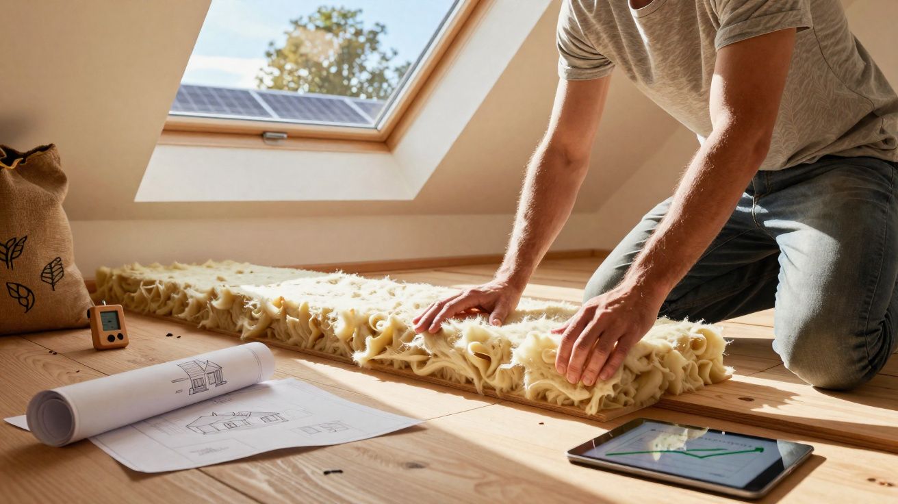 Homem instalando isolamento térmico em sótão com janela e plantas solares ao fundo.