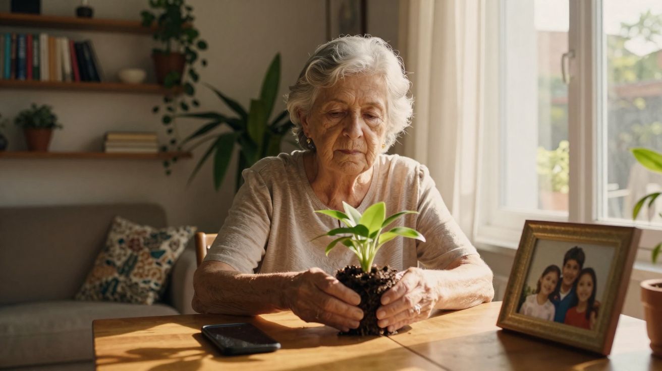 Mulher idosa cuidando de muda de planta em vaso, sentada à mesa perto de porta-retratos e janela iluminada.