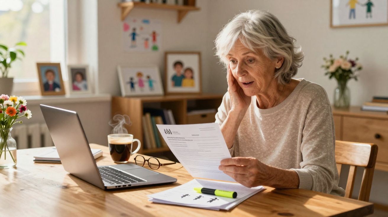 Mulher idosa surpresa lendo documento sentada à mesa com laptop, óculos e café em casa.