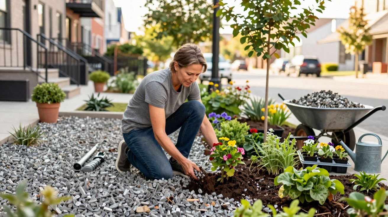 Mulher plantando flores coloridas em jardim urbano com regador e carrinho de mão ao fundo.