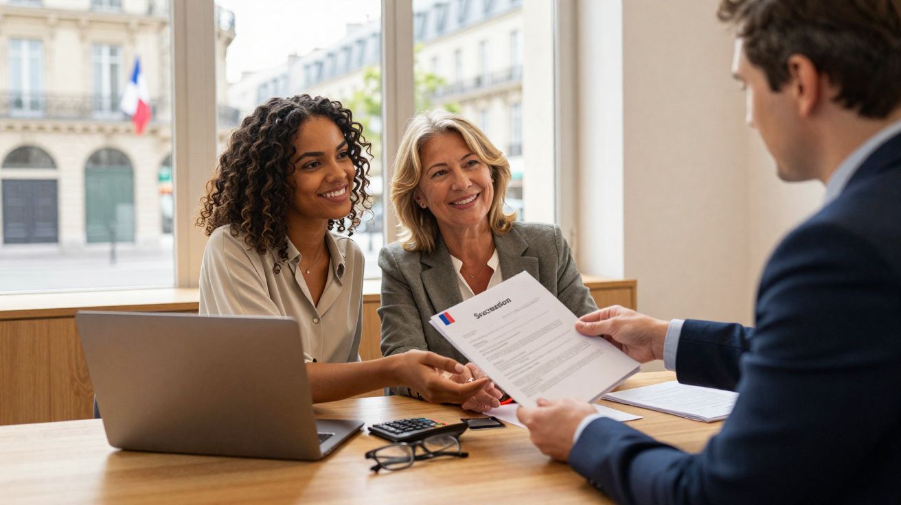 Duas mulheres sorrindo recebem documento de homem durante reunião em escritório com laptop e calculadora na mesa.