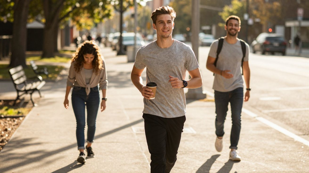 Três jovens caminhando em calçada ensolarada, dois homens sorrindo, mulher com olhar baixo.