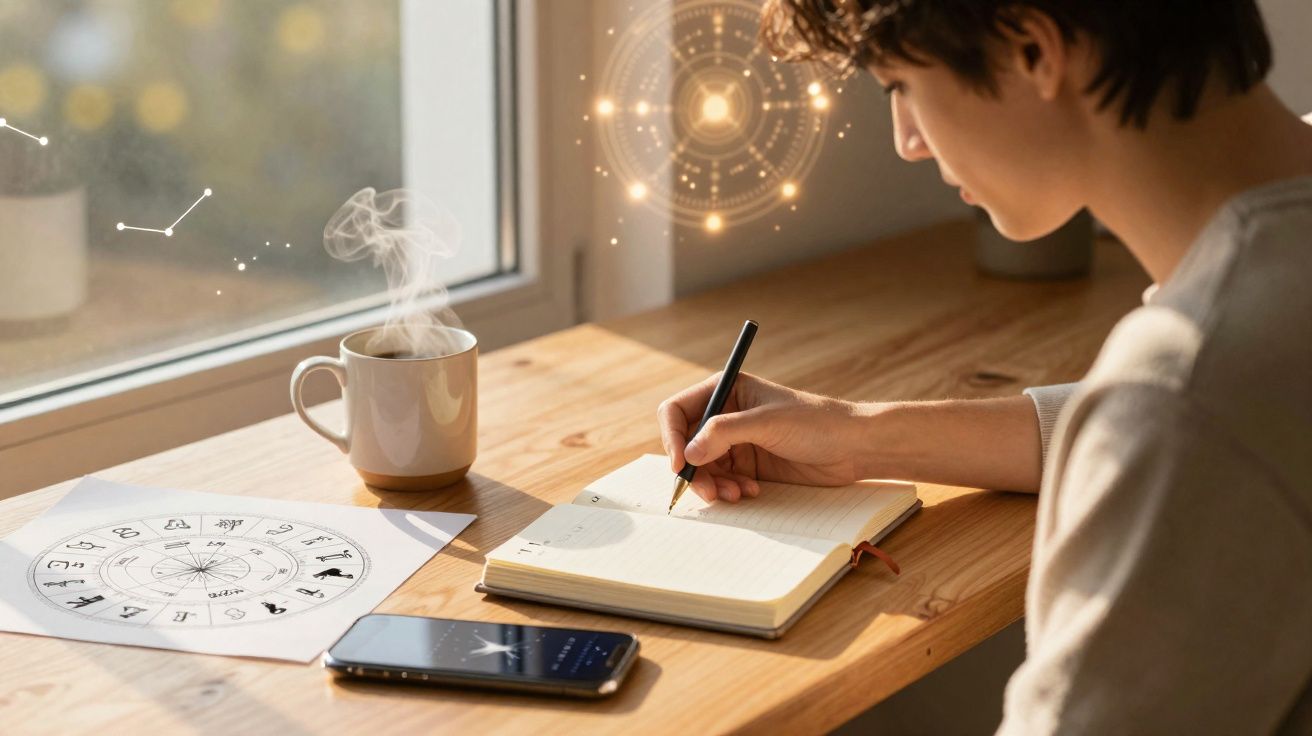Pessoa escrevendo em caderno à mesa com café, smartphone e círculo de signos do zodíaco ao lado.