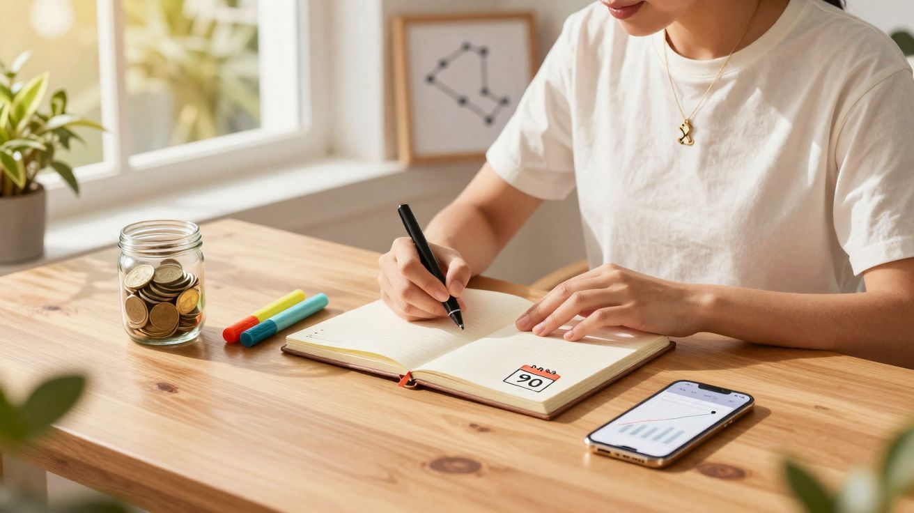 Pessoa escrevendo em caderno ao lado de celular com gráfico e pote com moedas em mesa de madeira.