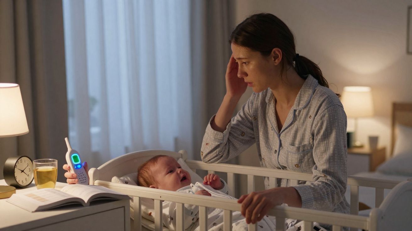 Mãe preocupada com febre do bebê chorando no berço, segurando termômetro digital à noite.