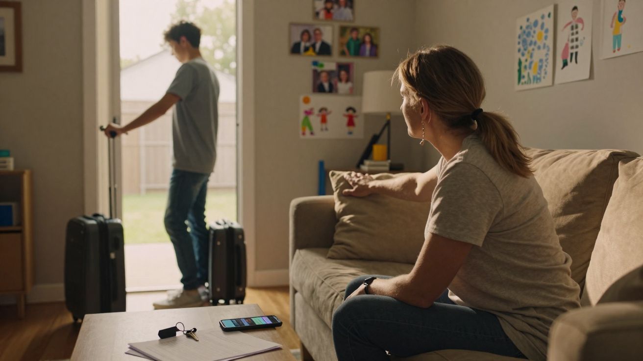 Mulher sentada no sofá observa jovem com mala saindo de casa pela porta aberta.