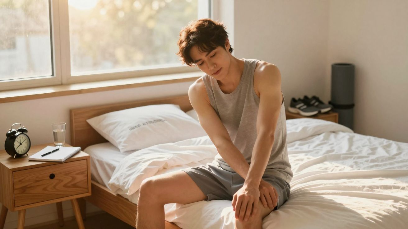 Homem jovem sentado na cama, com expressão de dor, segurando o joelho em um quarto iluminado pelo sol.