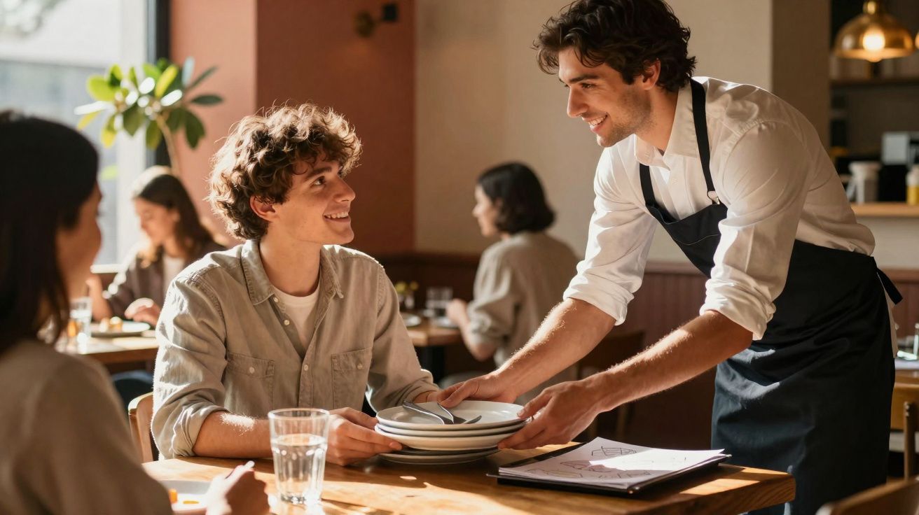 Garçom sorridente entregando pratos para jovem sentado em restaurante durante o dia.