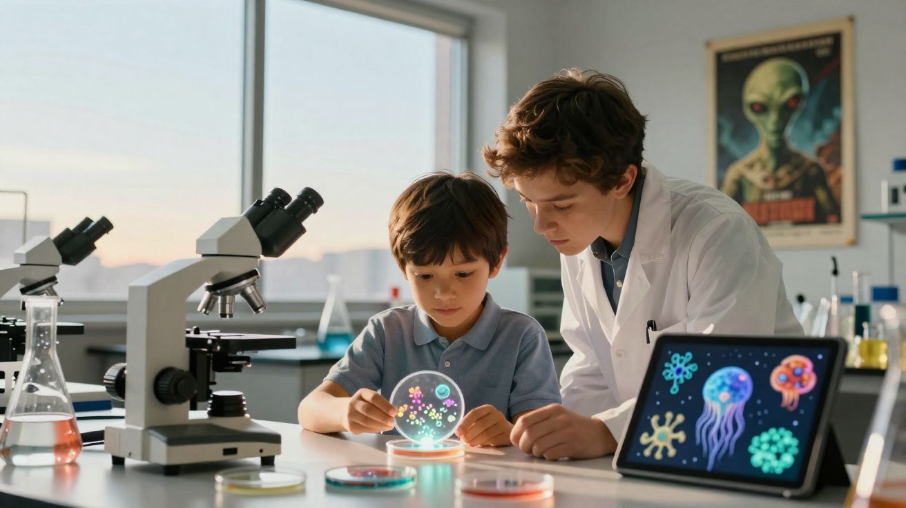 Criança e cientista observam cultura de microrganismos em laboratório com microscópio e tablet ilustrativo.
