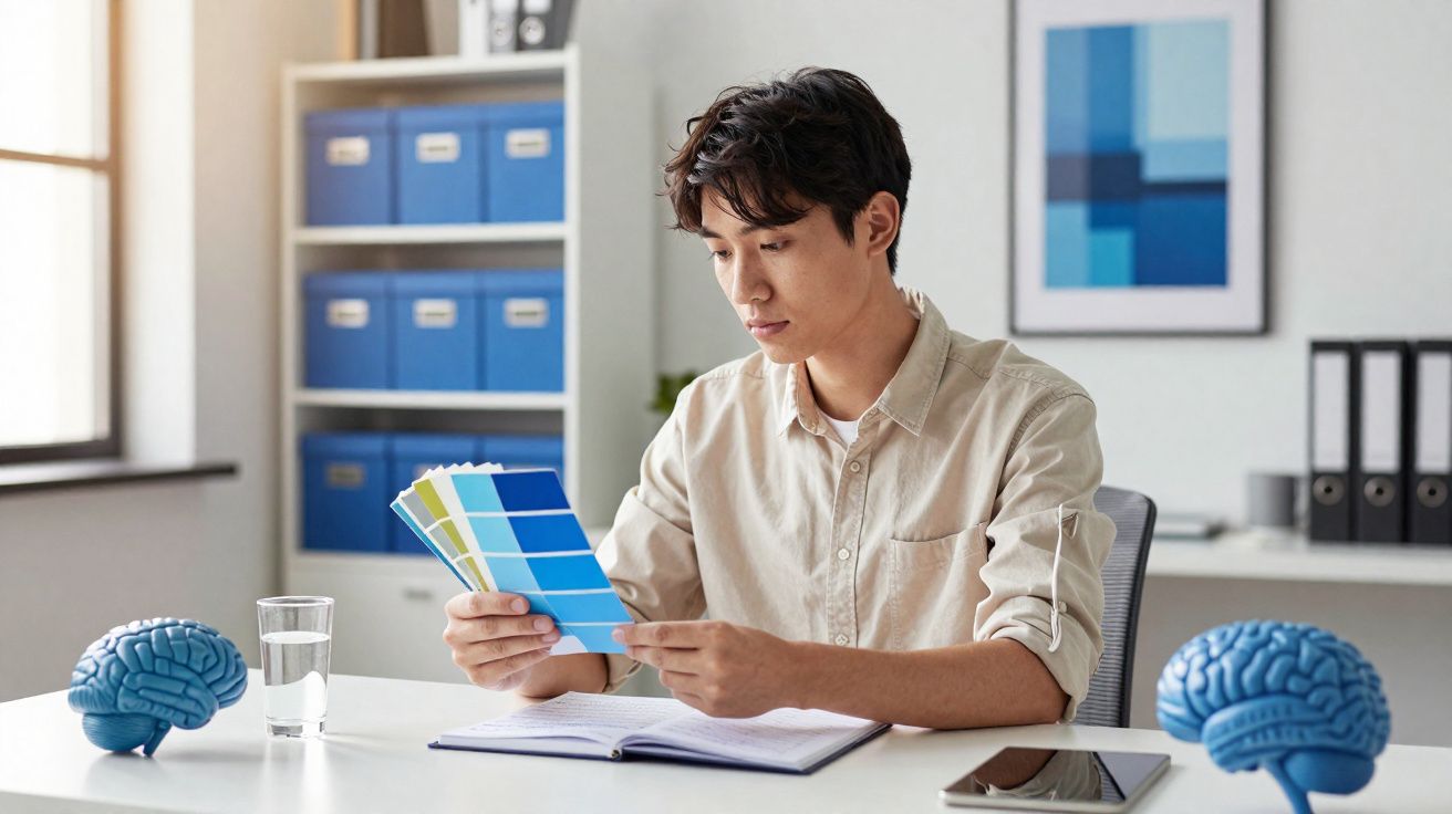 Homem sentado em mesa branca analisa amostras de cores azuis em escritório moderno e iluminado.