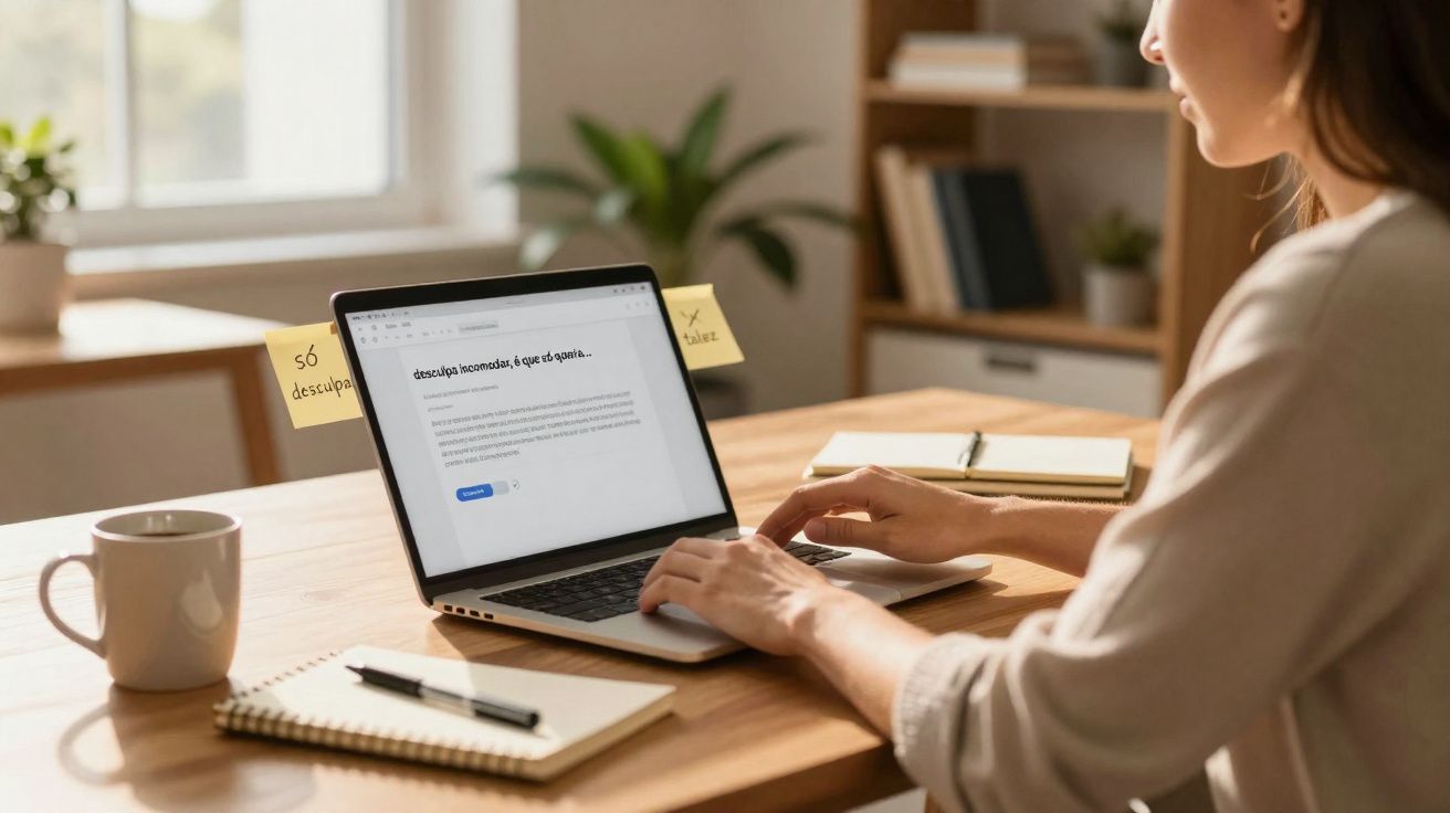 Pessoa digitando mensagem de desculpas em laptop numa mesa com caderno, caneta e xícara de café.