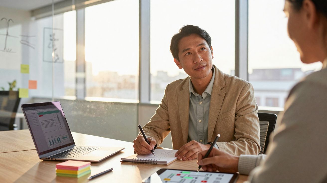 Dois profissionais conversando e anotando informações em reunião com laptop e tablet na mesa.