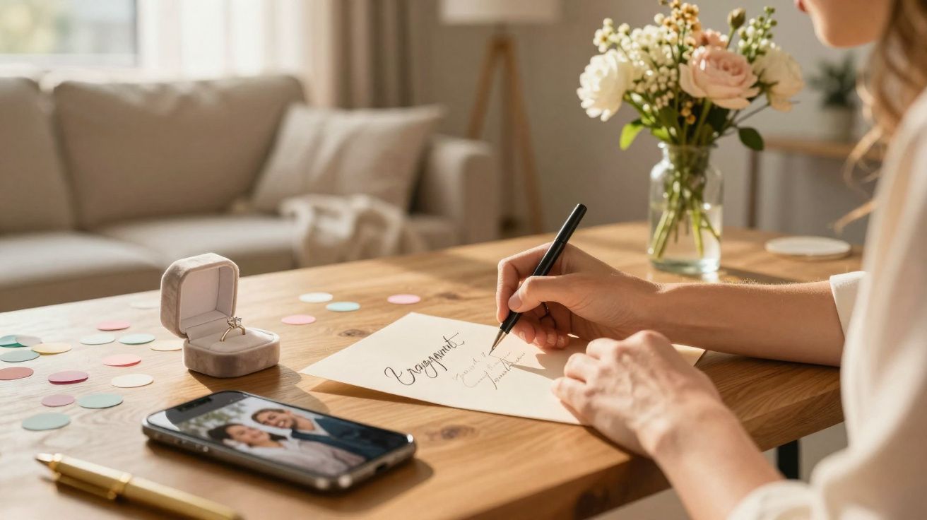 Pessoa escrevendo convite de casamento, com anel de noivado e foto de casal na mesa.