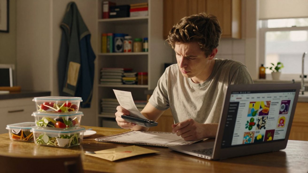Jovem sentado à mesa analisando contas com calculadora, laptop aberto e potes de comida ao lado.
