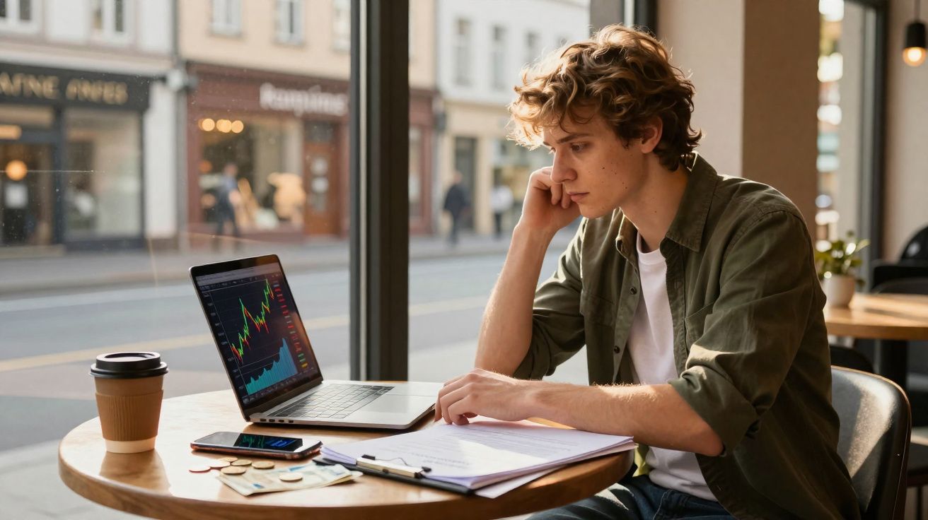 Jovem concentrado trabalhando com gráficos financeiros em laptop dentro de cafeteria moderna durante o dia.