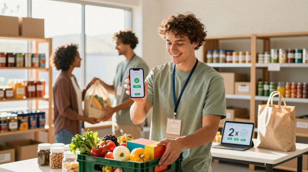Jovem mostra confirmação em smartphone enquanto segura cesta com frutas e verduras em loja de produtos naturais.