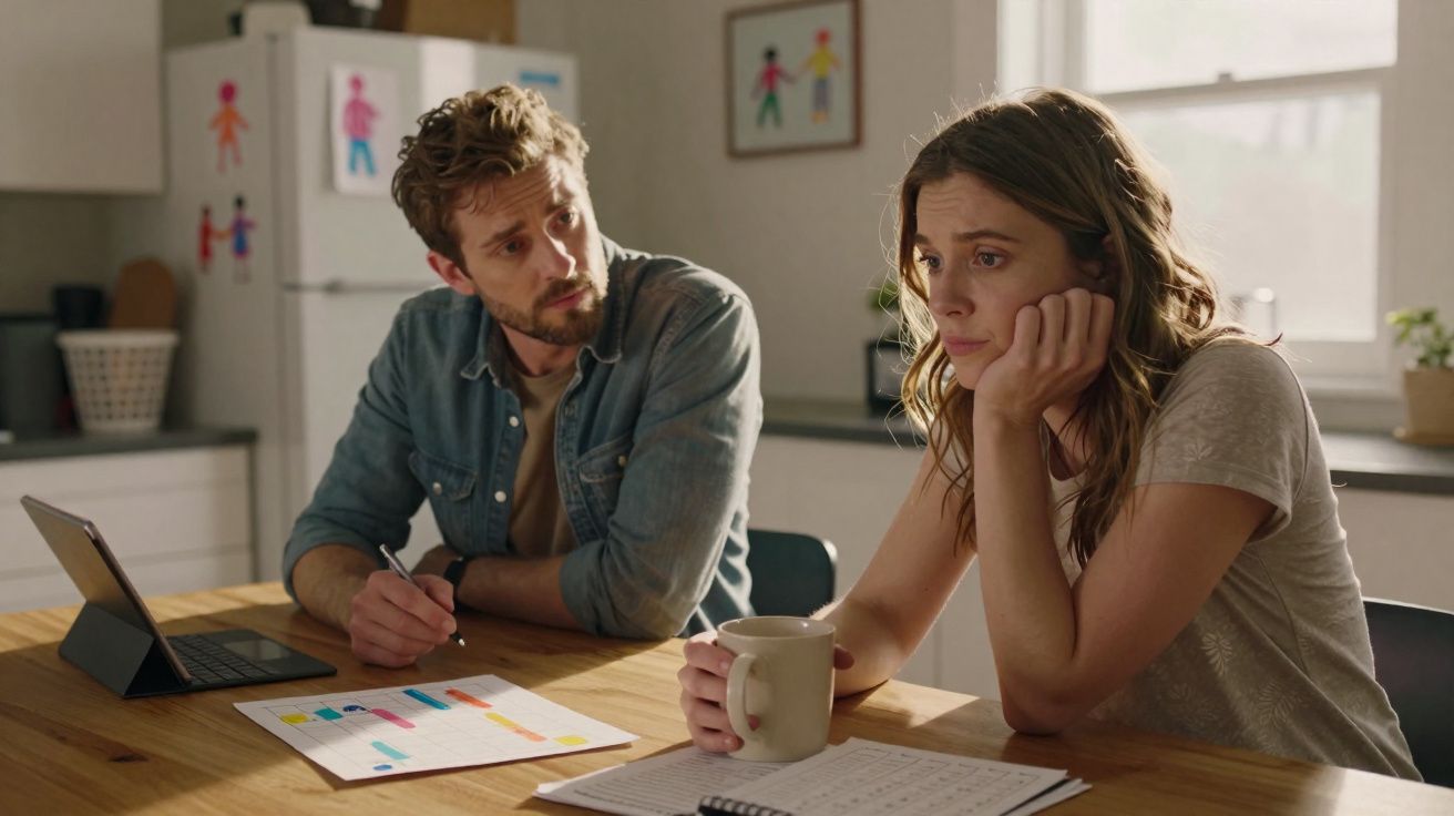 Casal sentado à mesa da cozinha com expressão preocupada discutindo documentos e planejamento financeiro.