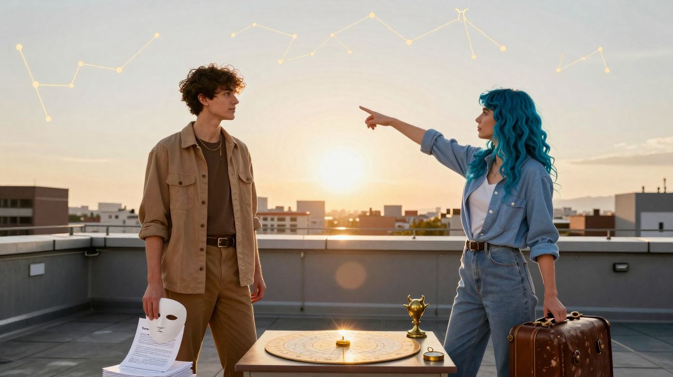 Jovens no terraço ao pôr do sol, ela aponta para constelações luminosas no céu urbano.