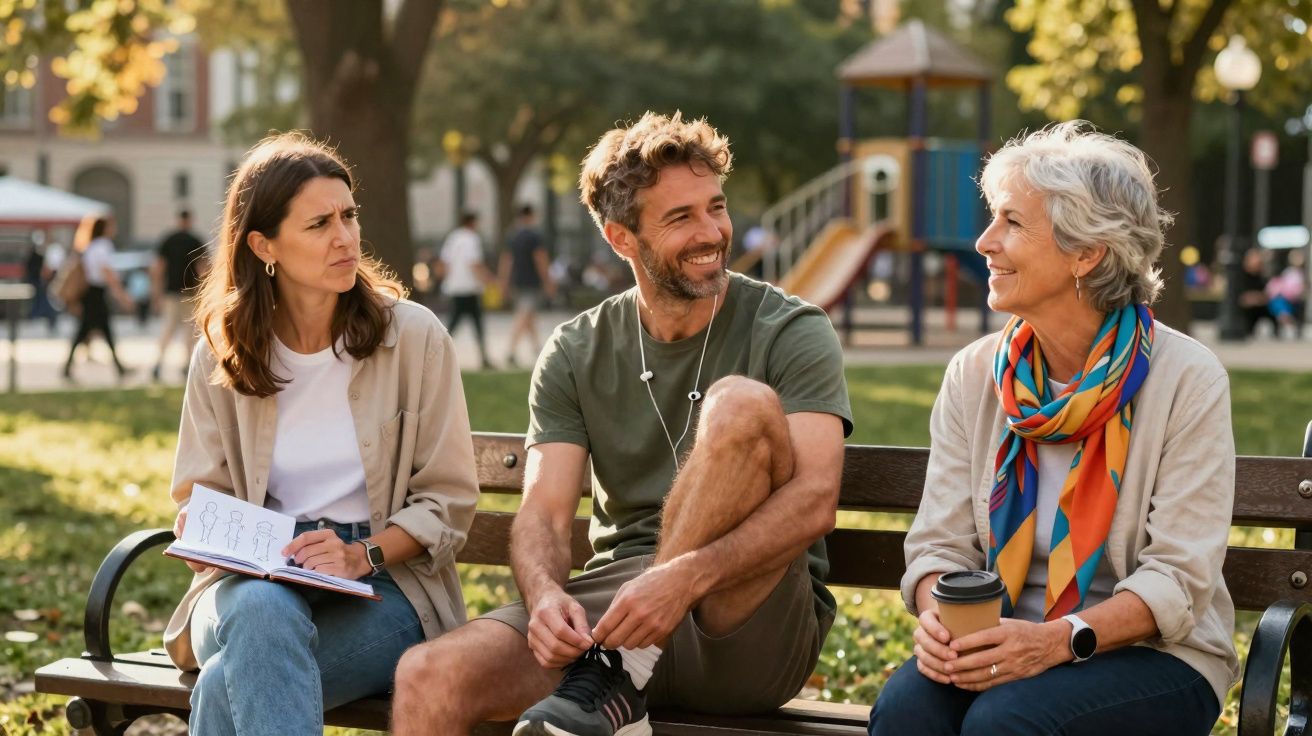 Três pessoas sentadas em um banco no parque, conversando, uma segura caderno e outra café.