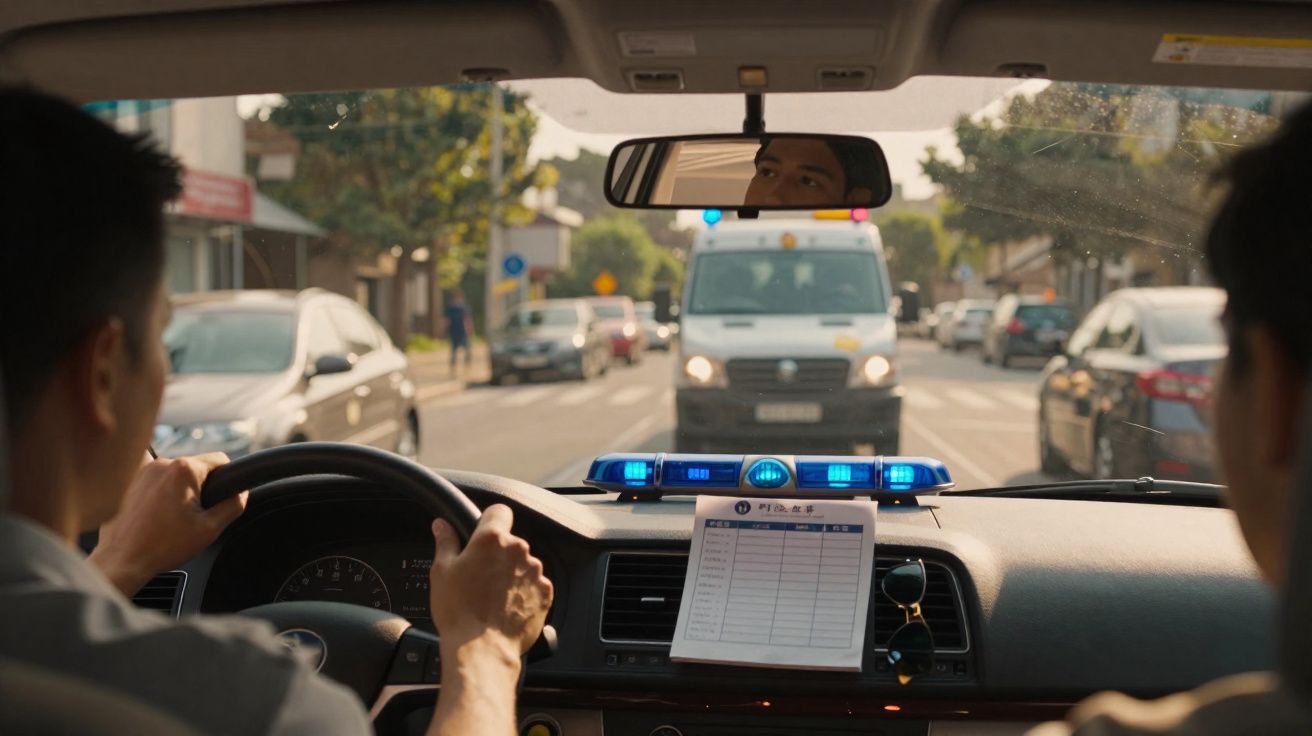 Visão interna de carro da polícia com motorista e passageiro, luzes azuis acionadas e ambulância à frente na rua.
