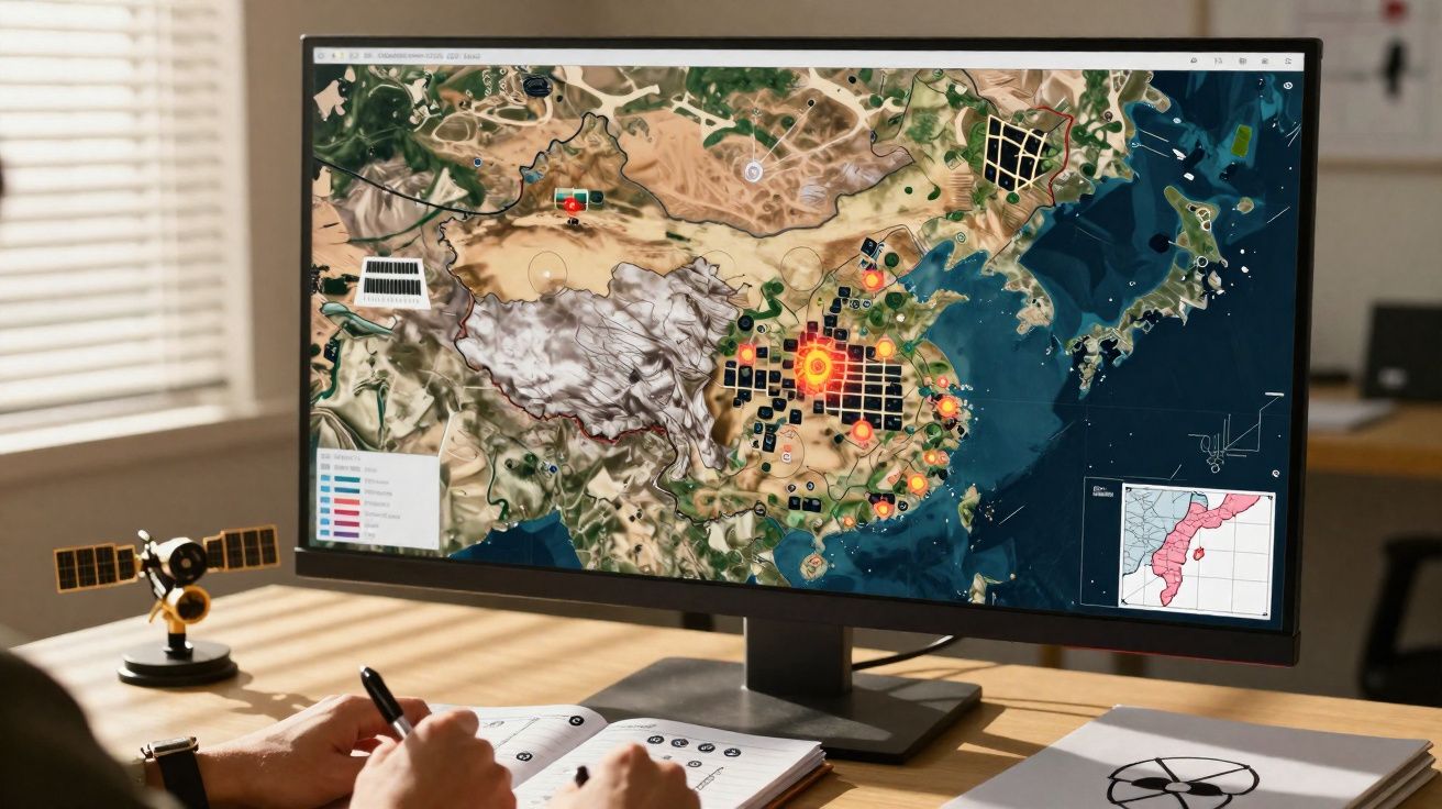 Mapa digital de regiões com símbolos e pontos destacando áreas específicas exibido em monitor widescreen.