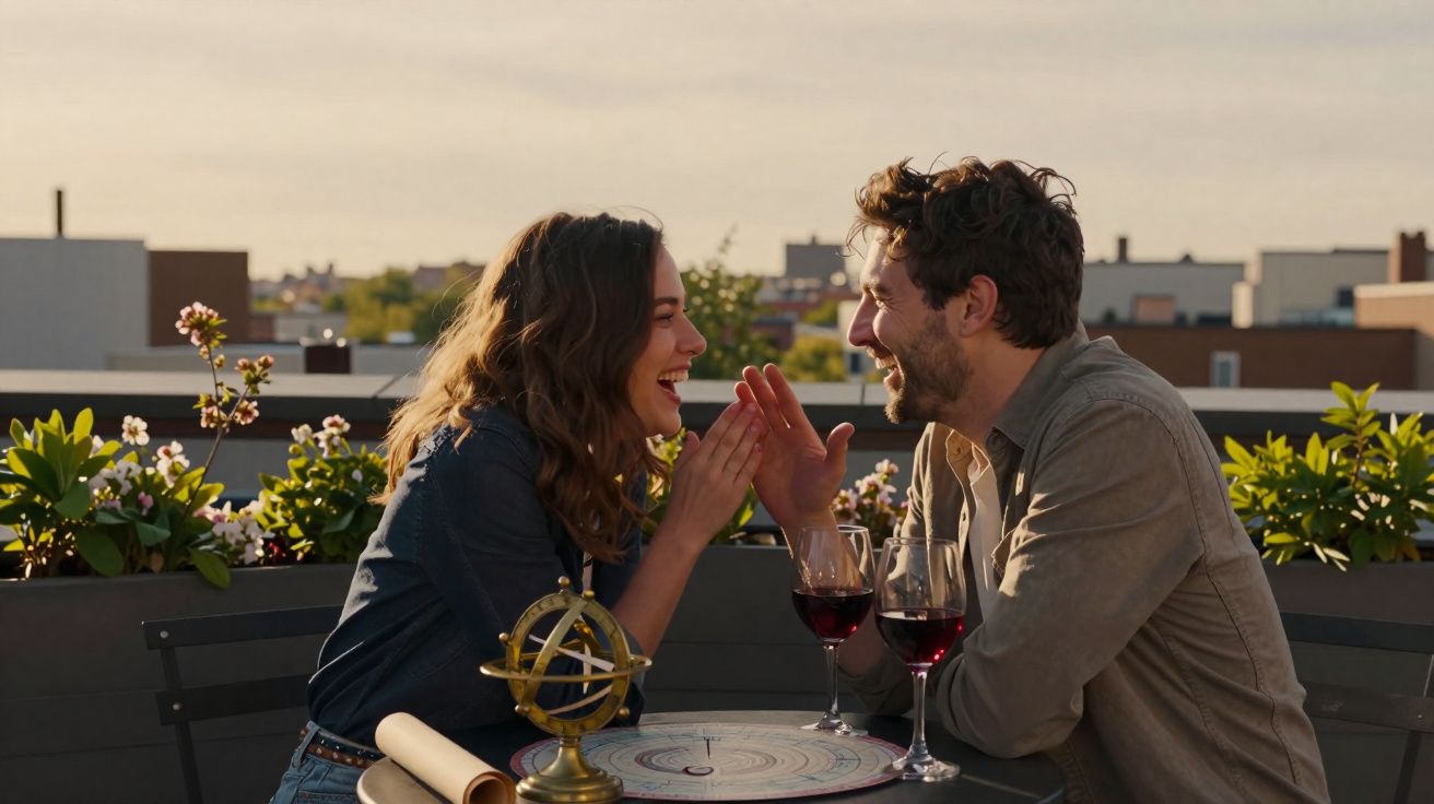 Casal sorridente conversando em mesa na varanda com taças de vinho e plantas ao fundo.