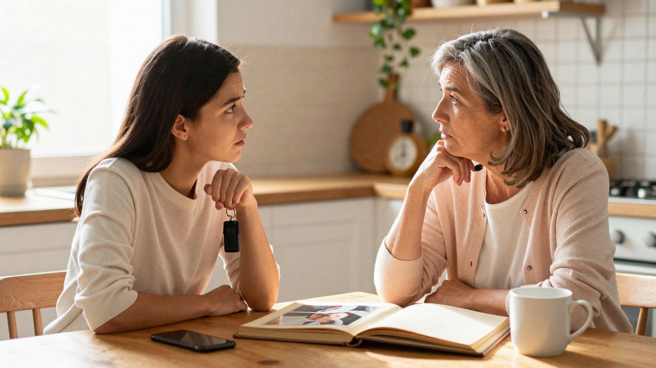Duas mulheres conversando em cozinha, com álbum de fotos sobre a mesa e chave na mão de uma delas.