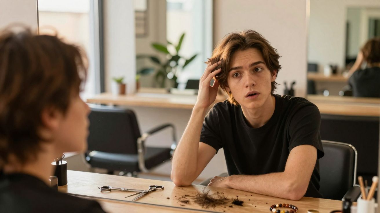 Jovem com camiseta preta sentado em frente ao espelho em salão, com cabelo cortado e mechas no balcão.