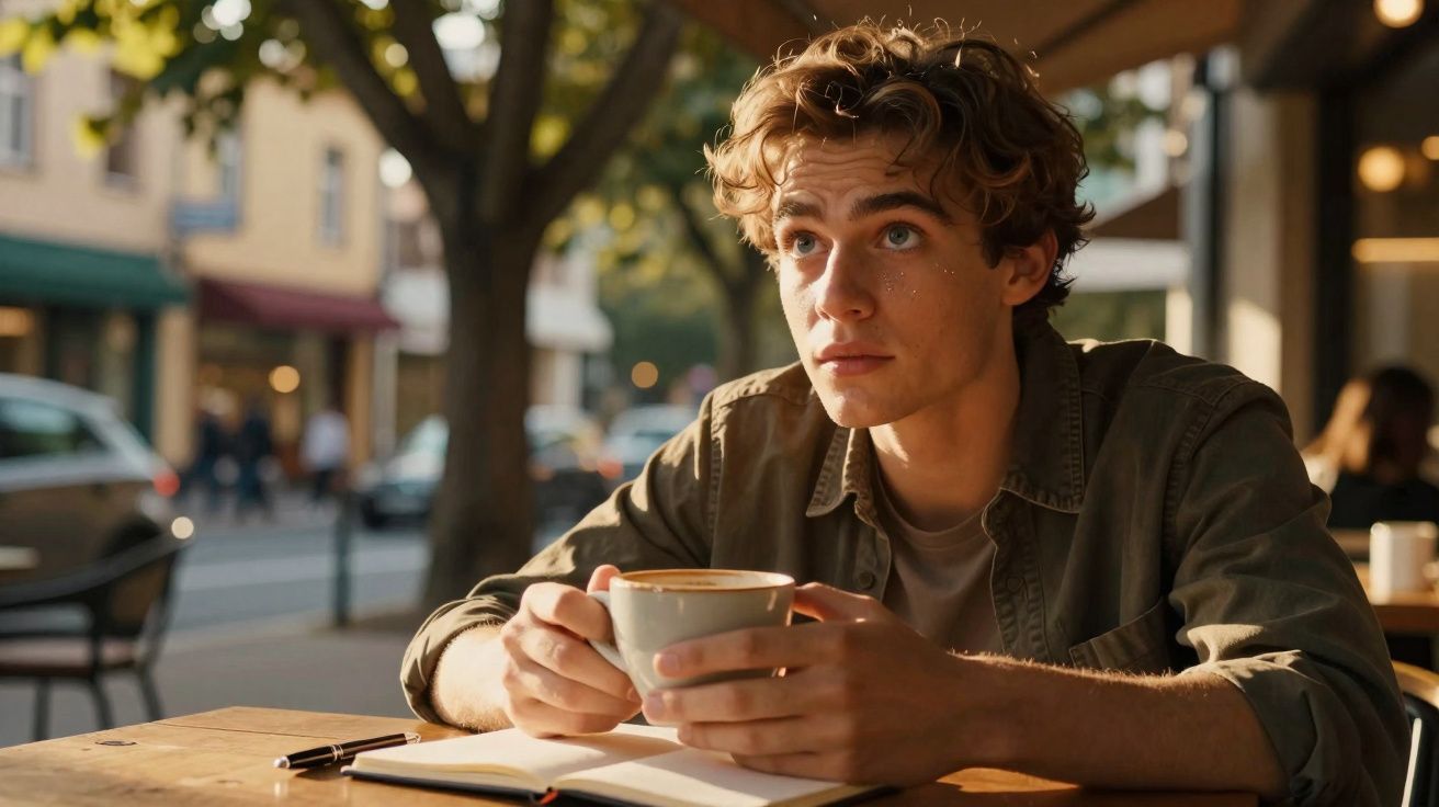 Jovem sentado em café ao ar livre, segurando xícara de chá, olhando pensativo para cima.