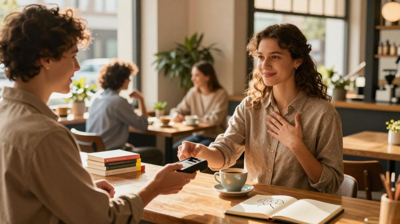 Mulher sorrindo faz pagamento com cartão em cafeteria enquanto está sentada com café e caderno aberto.