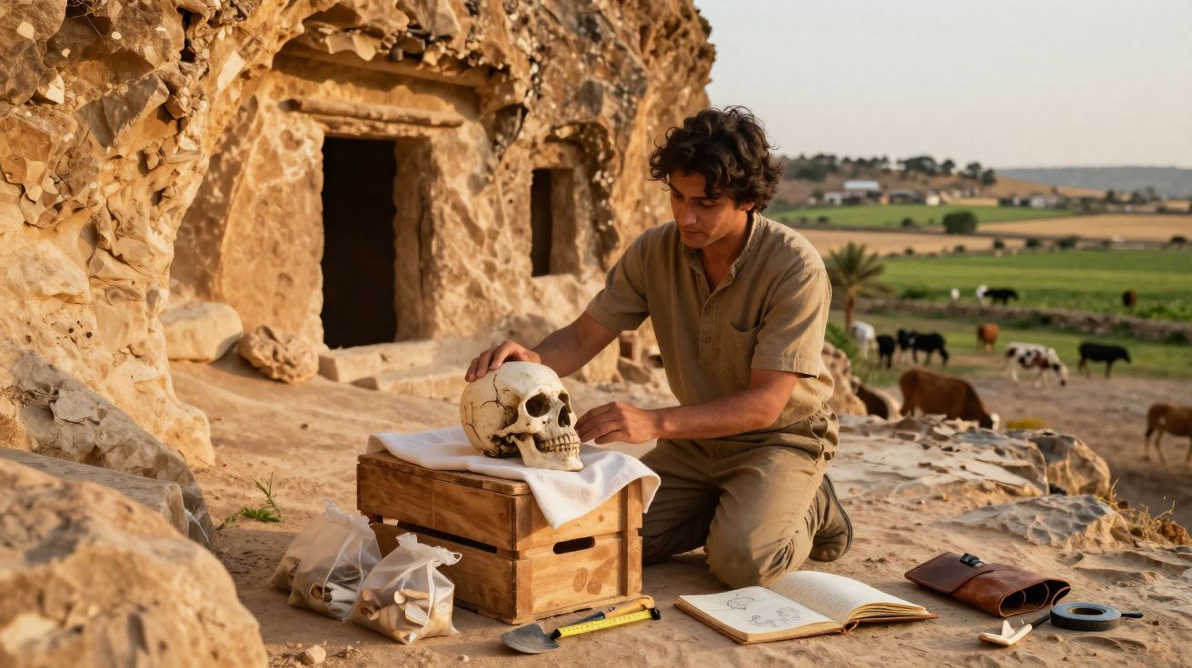 Homem analisando um crânio em sítio arqueológico, com caverna e campo ao fundo.