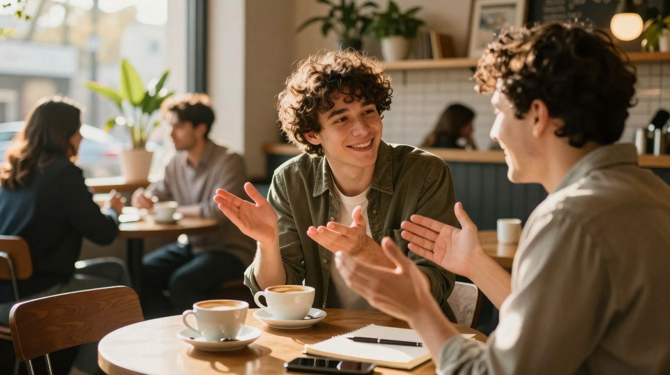 Dois jovens conversando animadamente em cafeteria com bebidas quentes e caderno à mesa.