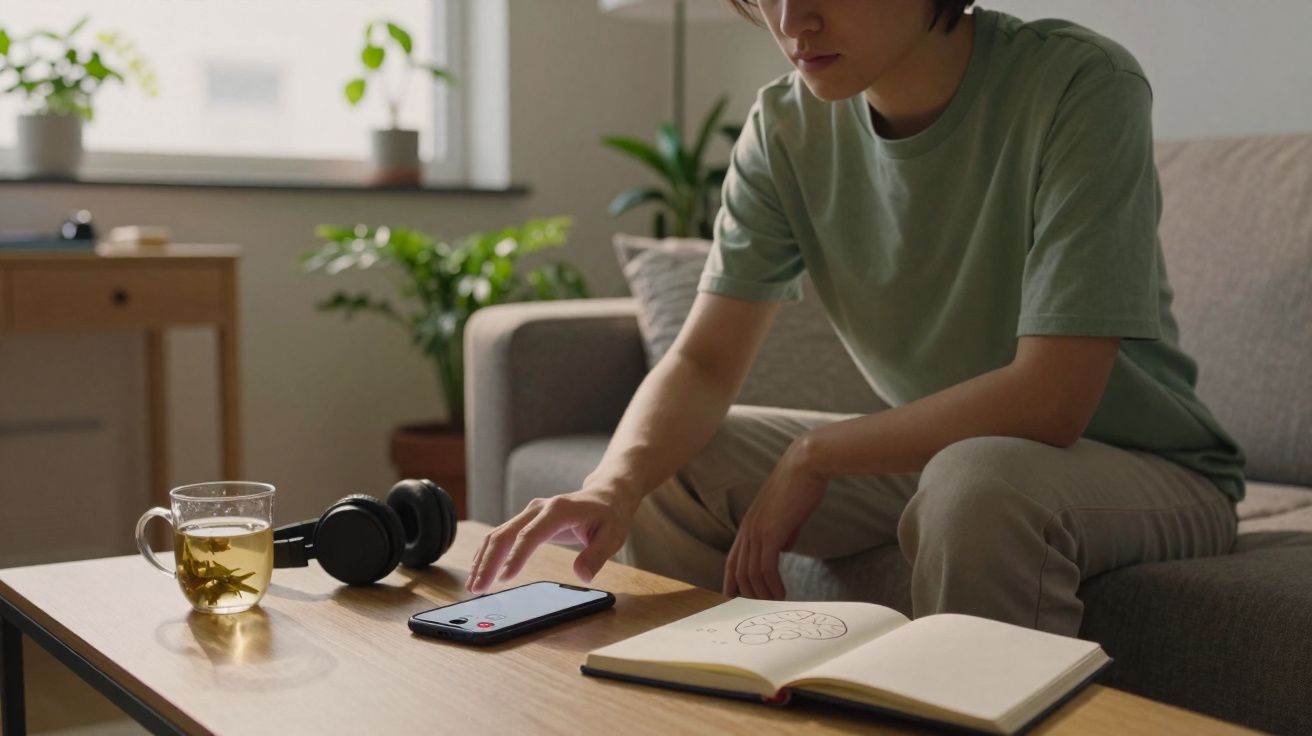 Pessoa sentada no sofá usando smartphone, com livro aberto, fones de ouvido e xícara de chá sobre a mesa.