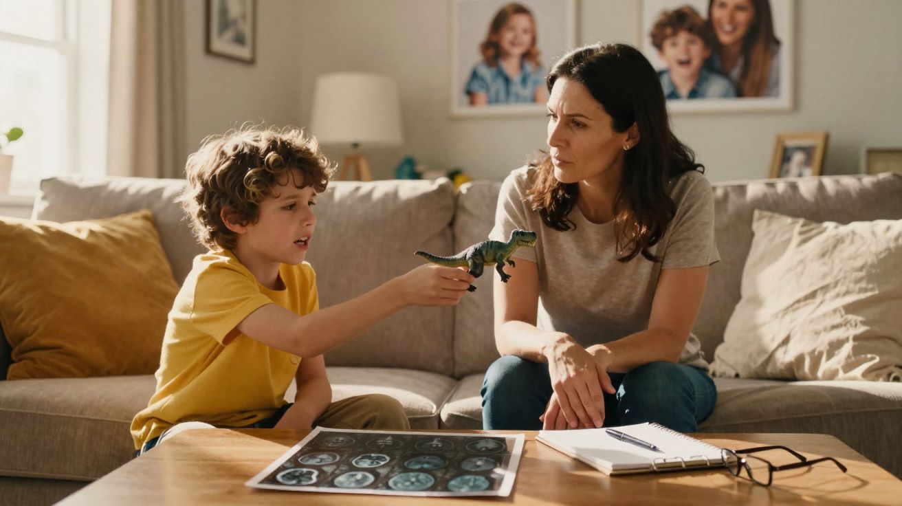 Menino com camiseta amarela brinca com dinossauro de brinquedo enquanto mulher observa sentados em sofá.
