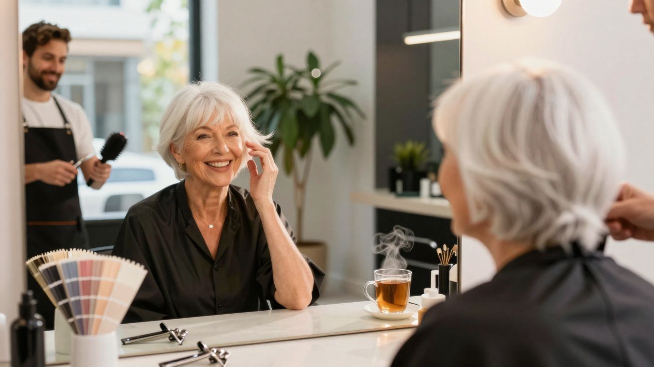 Mulher idosa sorrindo sentada em frente ao espelho no salão de beleza, com cabeleireiro ao fundo.