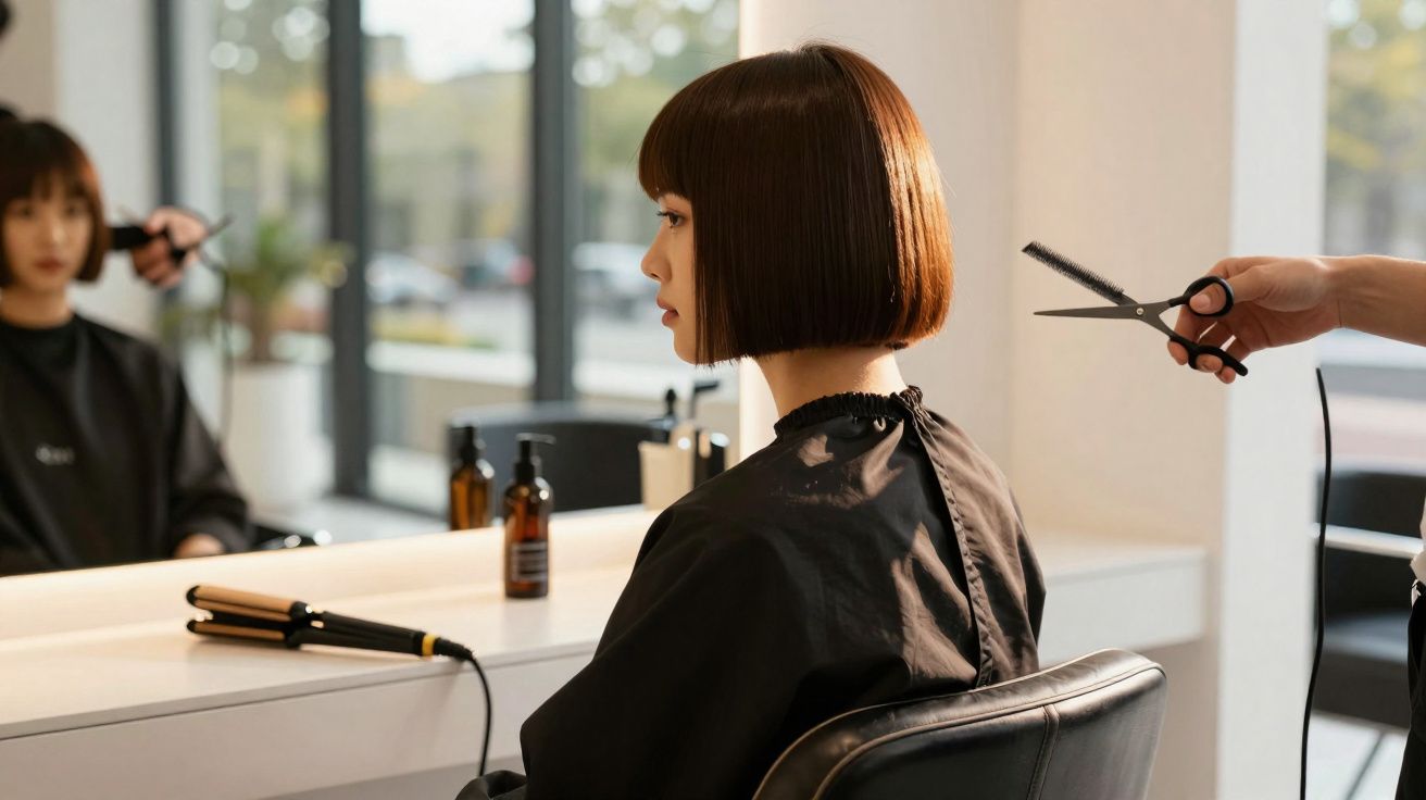 Mulher com corte de cabelo bob sentada em salão, espelho refletindo seu rosto, e tesoura próxima ao cabelo.