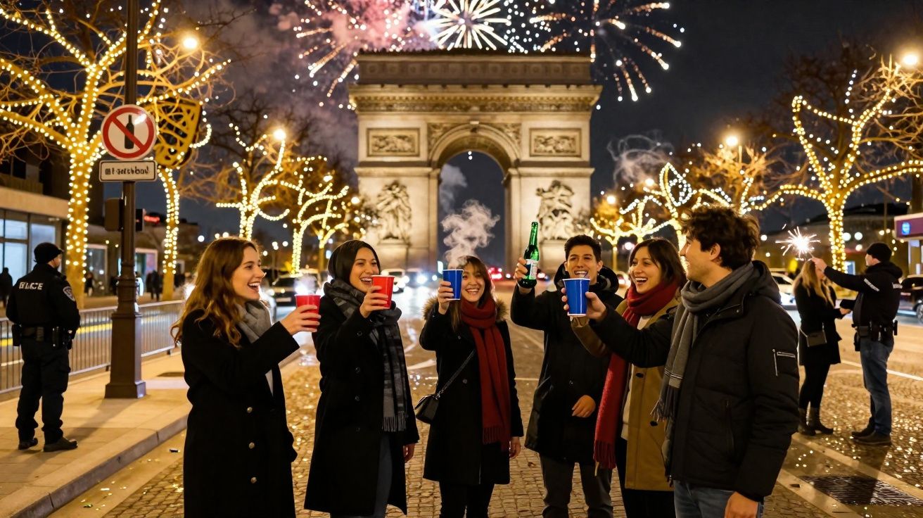 Grupo de pessoas brindando na Champs-Élysées com fogos de artifício e o Arco do Triunfo ao fundo.