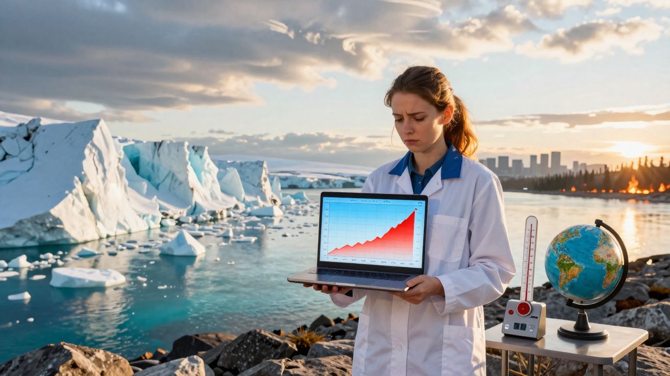 Mulher cientista com jaleco segura laptop com gráfico de aquecimento diante de geleiras derretendo.