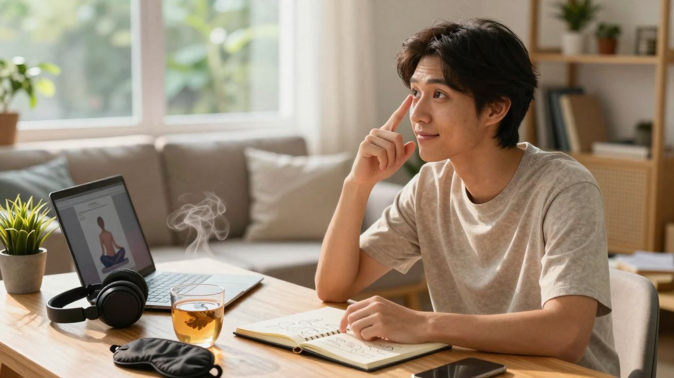 Jovem sentado à mesa com livro aberto, olhando pensativo, ao lado de laptop, xícara de chá e fones de ouvido.