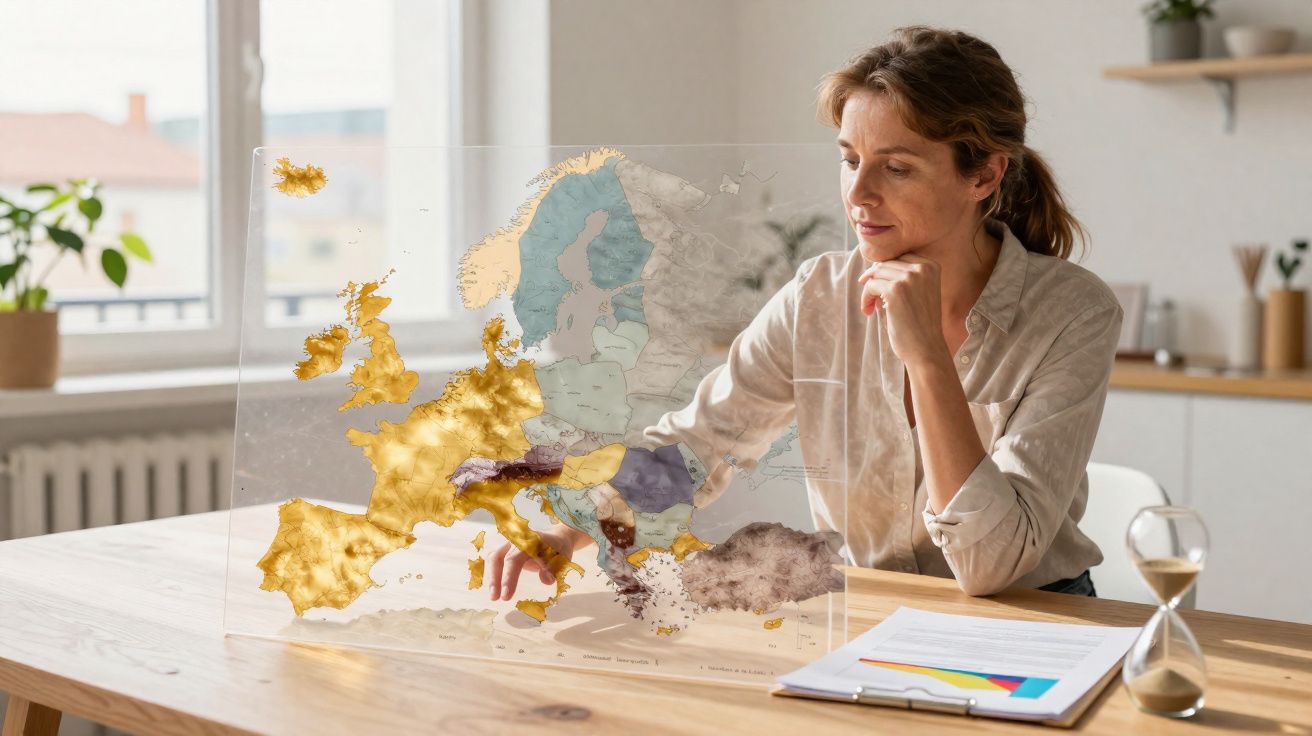 Mulher analisando mapa transparente da Europa em mesa com documentos e ampulheta ao lado.
