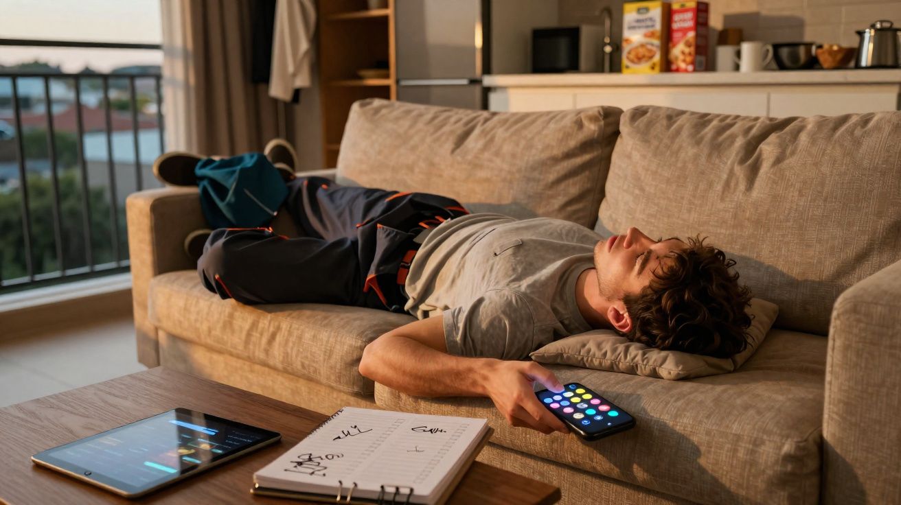 Jovem deitado no sofá com celular na mão, ao lado mesa com caderno e tablet em sala iluminada.