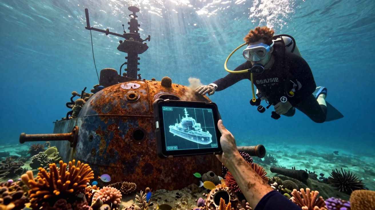 Mergulhadores inspecionam submarino enferrujado com tablet mostrando modelo 3D em fundo do mar com corais e peixes.