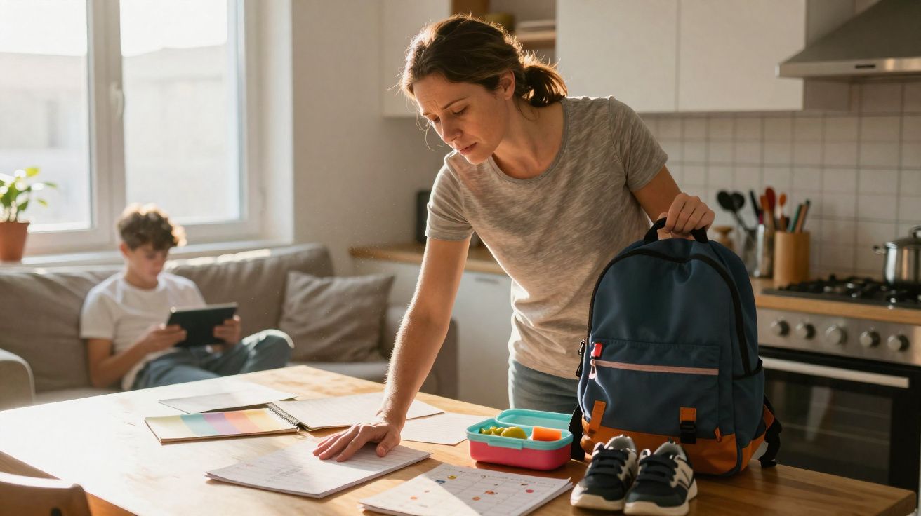 Mulher preparando mochila e lanche para criança, garoto sentado no sofá usando tablet ao fundo.