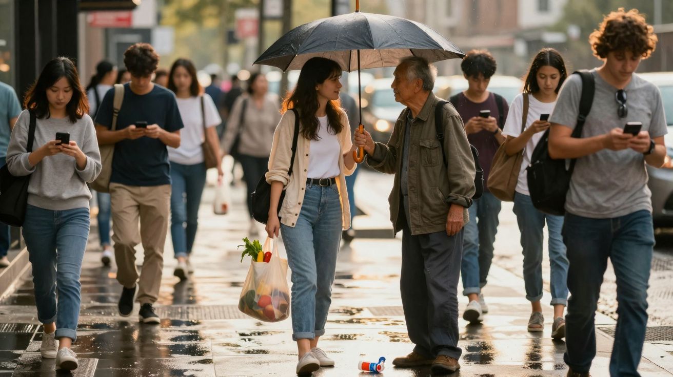 Pessoas caminhando na rua molhada, um homem idoso segurando guarda-chuva para jovem com sacola de compras.