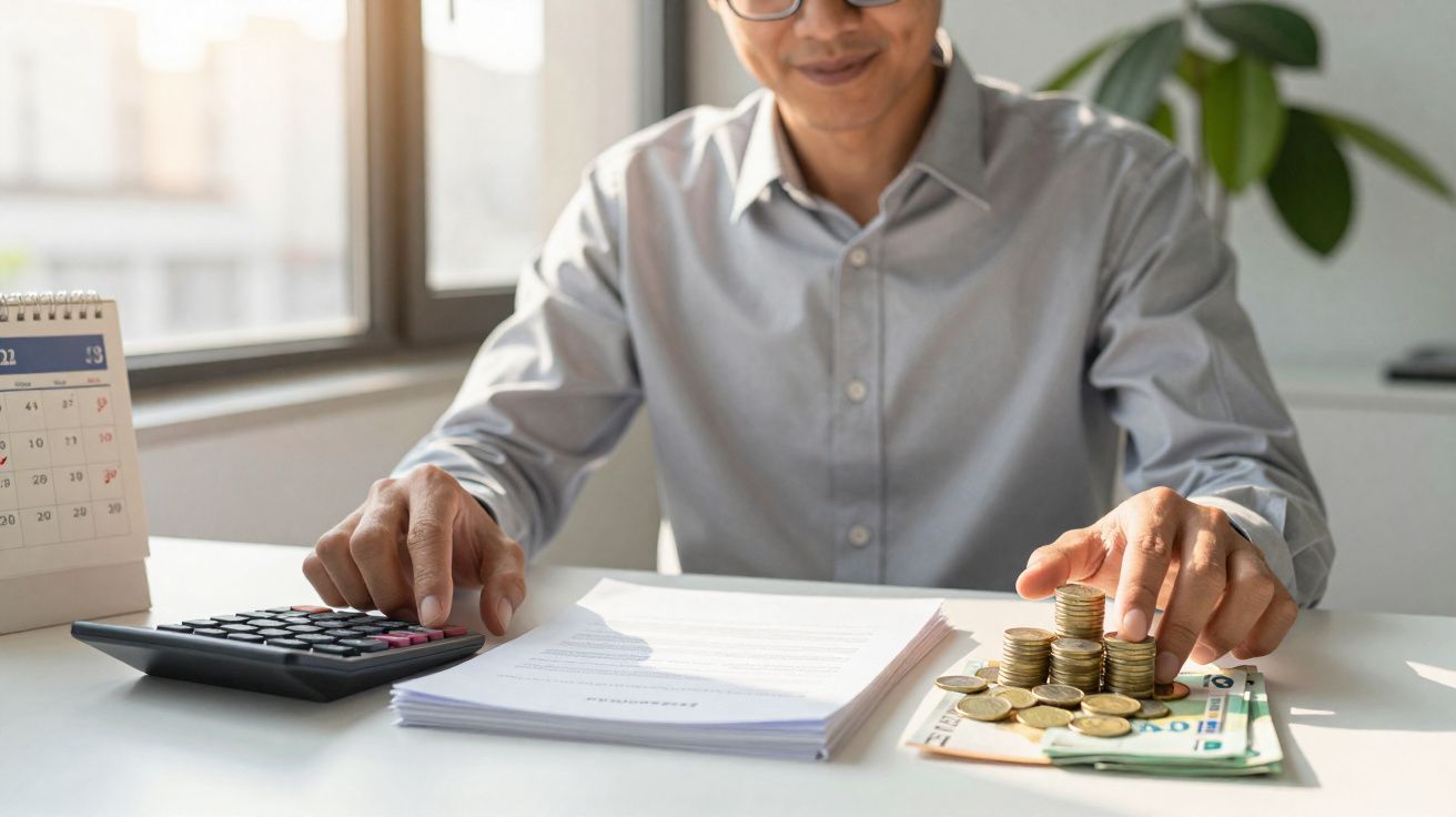 Pessoa calculando finanças com calculadora, moedas empilhadas, cédulas e documentos em mesa branca.