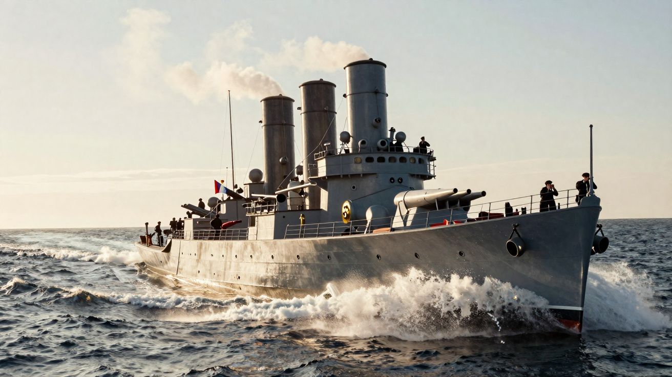 Navio de guerra cinza antigo em alto mar com três chaminés emitindo fumaça e tripulantes no convés.