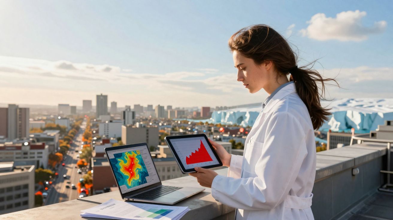 Mulher científica com jaleco analisa gráficos em tablet e laptop em área externa urbana.