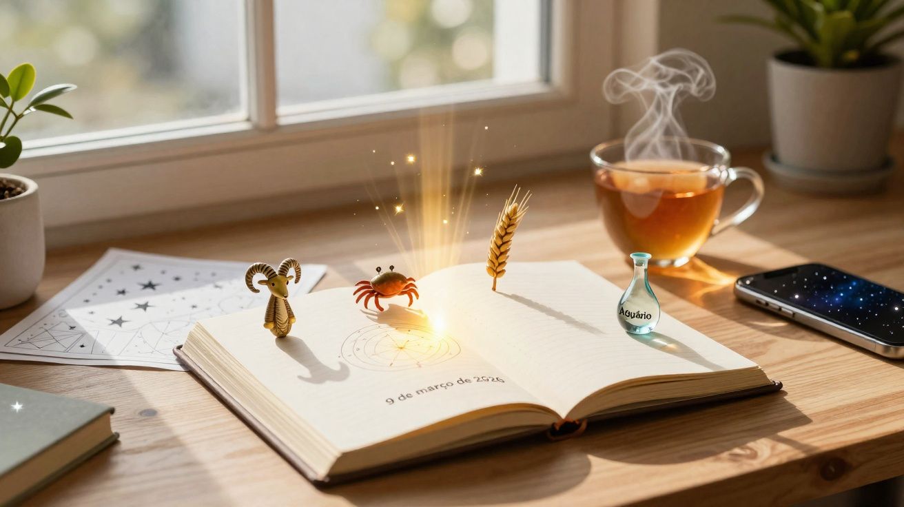 Livro aberto com símbolos mágicos e objetos flutuantes sobre mesa de madeira iluminada por luz natural.